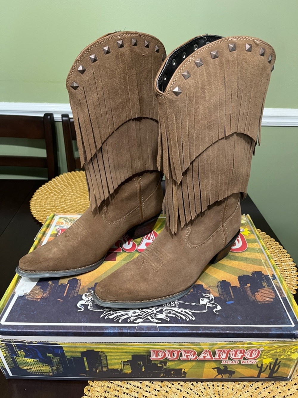 Durango Tan Suede Fringe Studded Western Boot